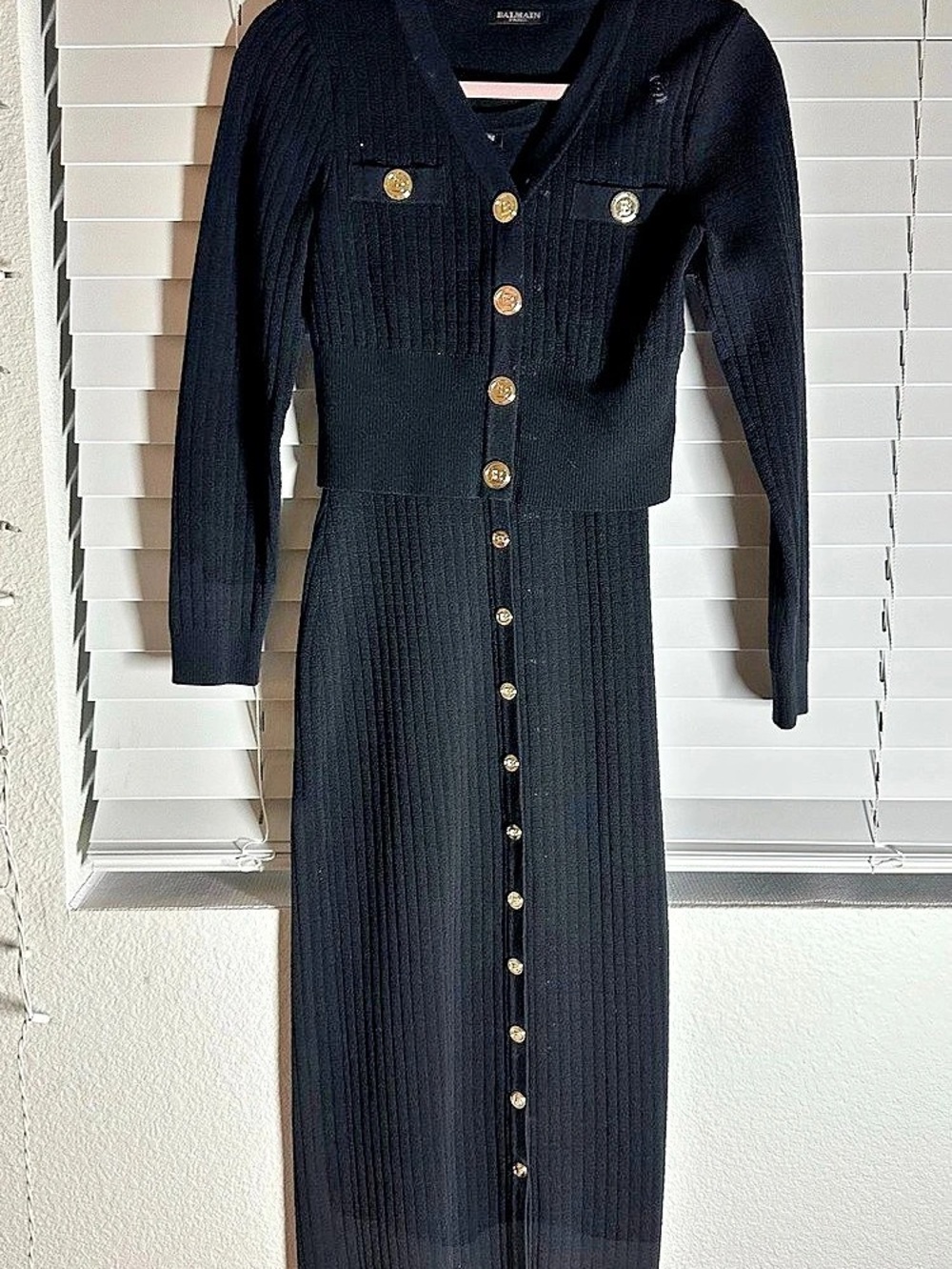 Balmain Long-Sleeve Buttoned Knit Midi Dress in Black